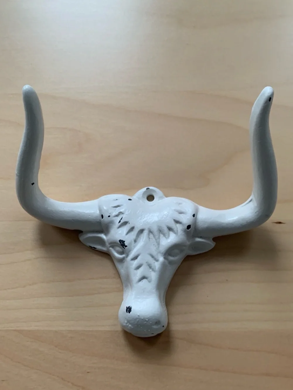 Set of 4 Distressed White Longhorn Bull Head Cow Wall Hooks